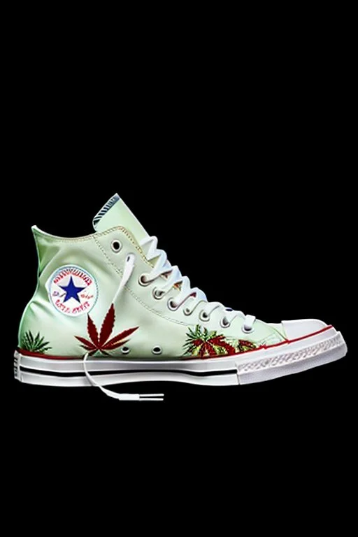 A red converse sneaker with weed leaves printed on the material, green, yellow and red colors