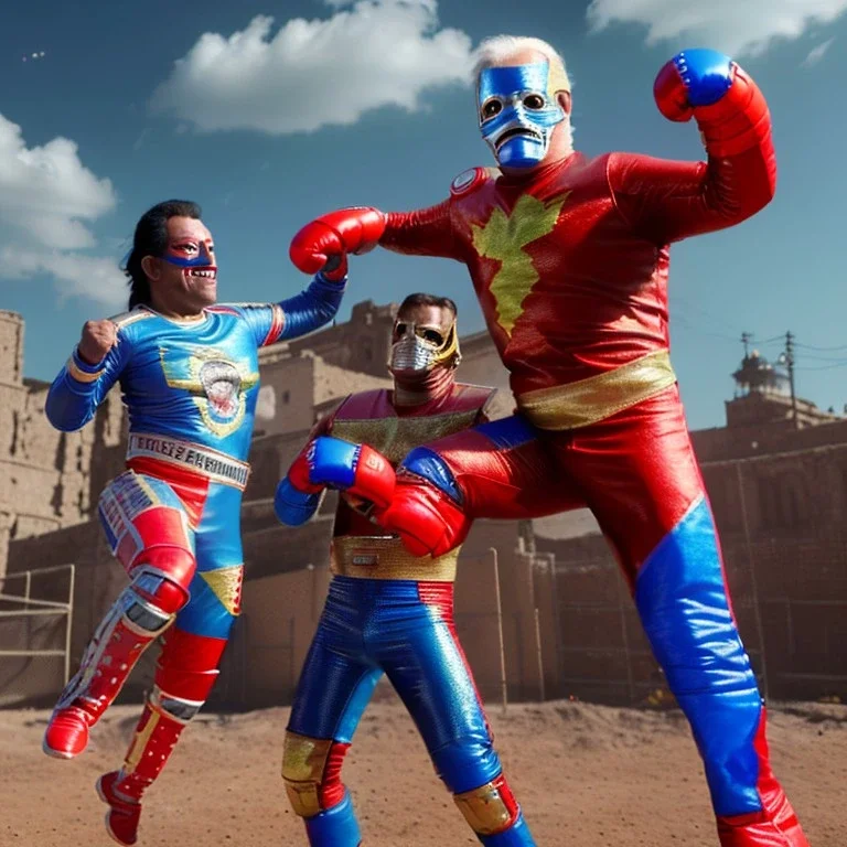 realistic image of joe biden as a mexican wrestling fighter posing, Mexican eyes wrestling mask, red and blue breeches, retro style, 80s, vibrant color, highly detailed, sky background, concept art, unreal engine 5, god rays, ray tracing, RTX, lumen lighting, ultra detail, volumetric lighting, 3d, finely drawn, high definition, high resolution.