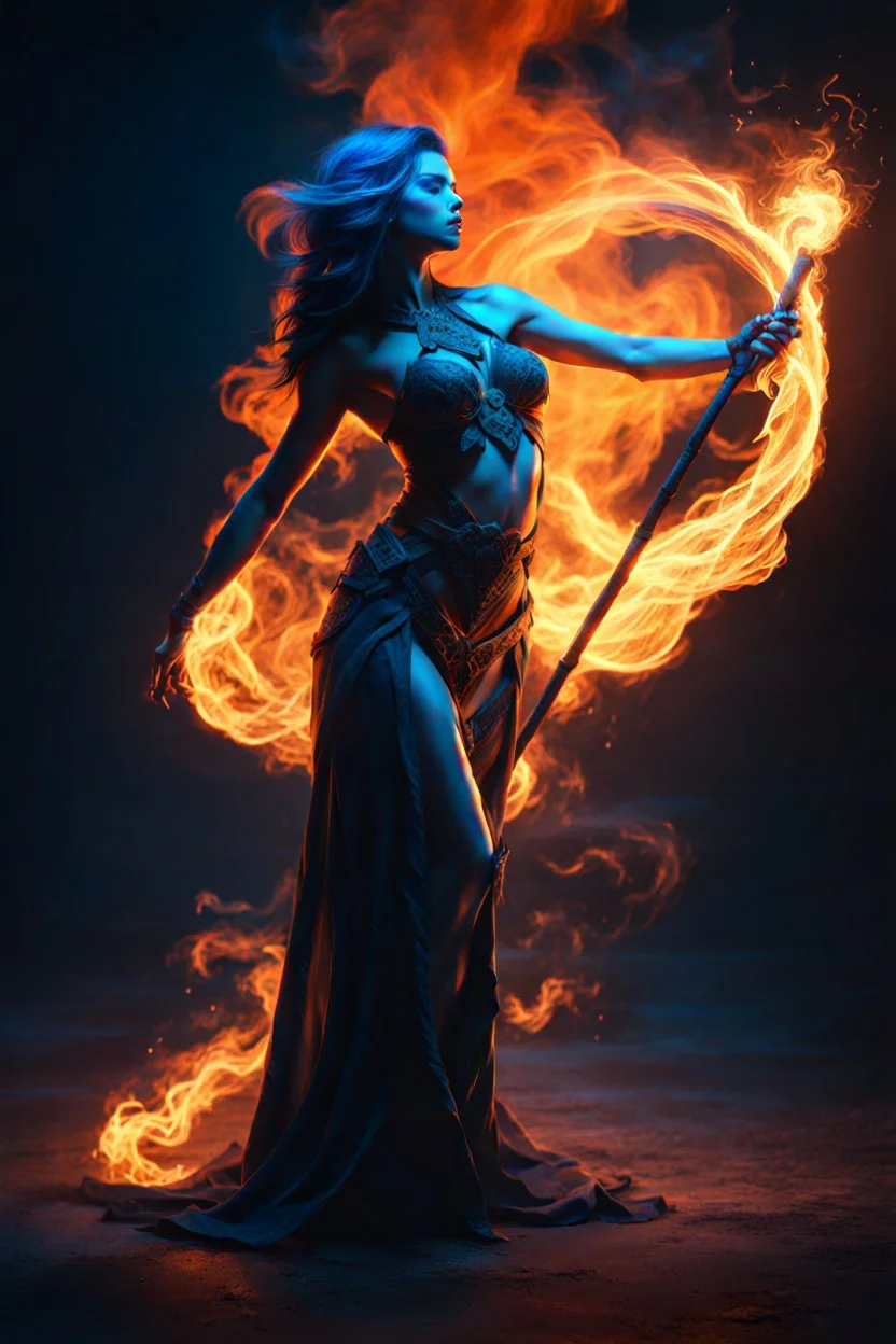 The female Shadow of Death using the staff of destruction. blue fire and orange smoke. fantasy art, Cinematic lighting, Volumetric lighting, Epic composition, the naked truth, octane render