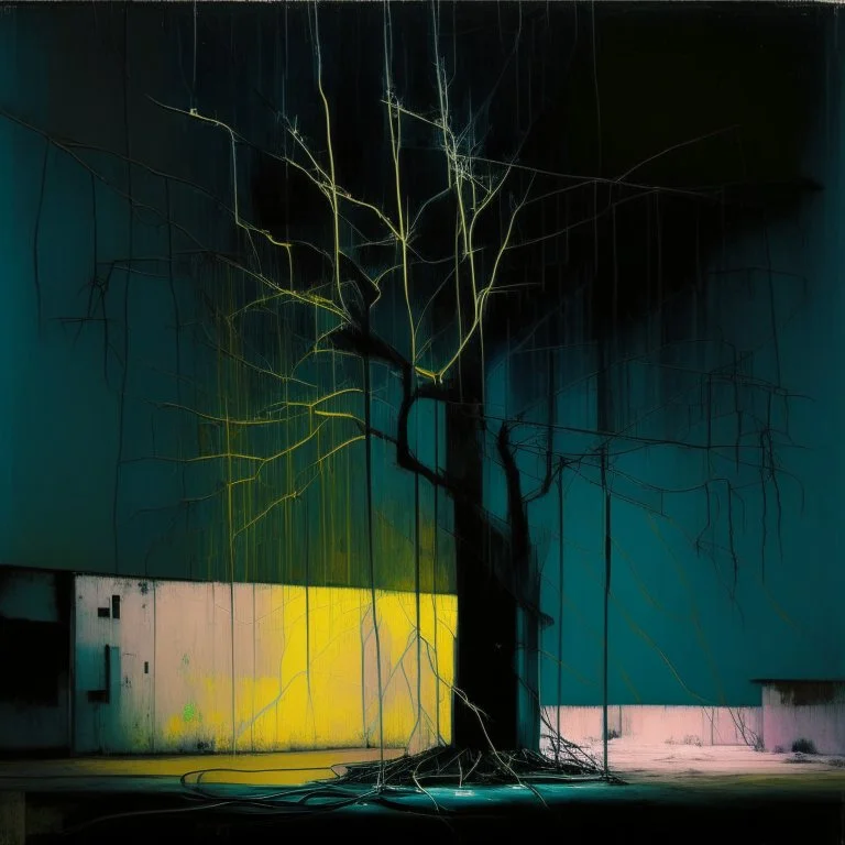 Minimal abstract oil painting of a tree in concrete warehouse brutalist architecture and hanging wires illuminated at night. triadic colours. In the style of Justin Mortimer, Ashley Wood