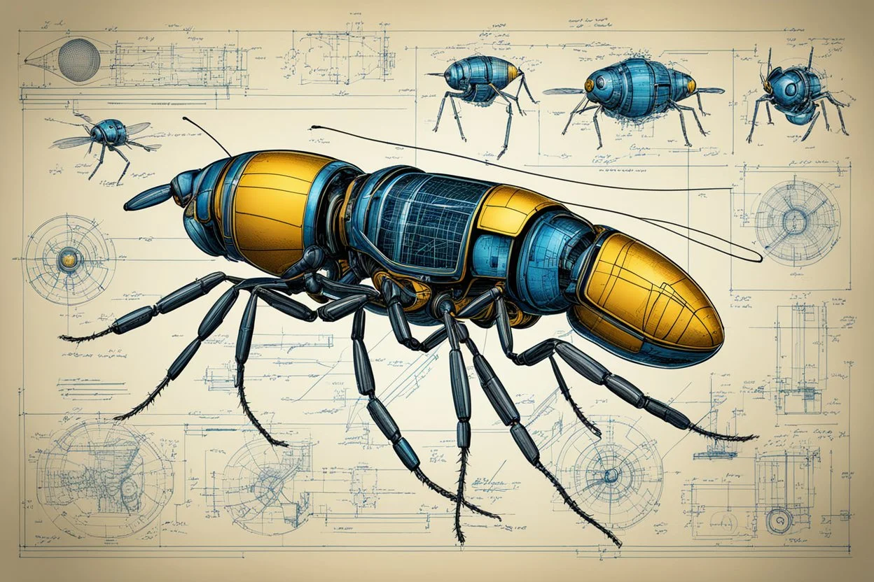 Hand drawn illustration , with detailed blueprints and engineering schematics of robotic Potter wasp, with highly detailed facial features, detailed drawings, and technical notation, 8k, vibrant natural colors