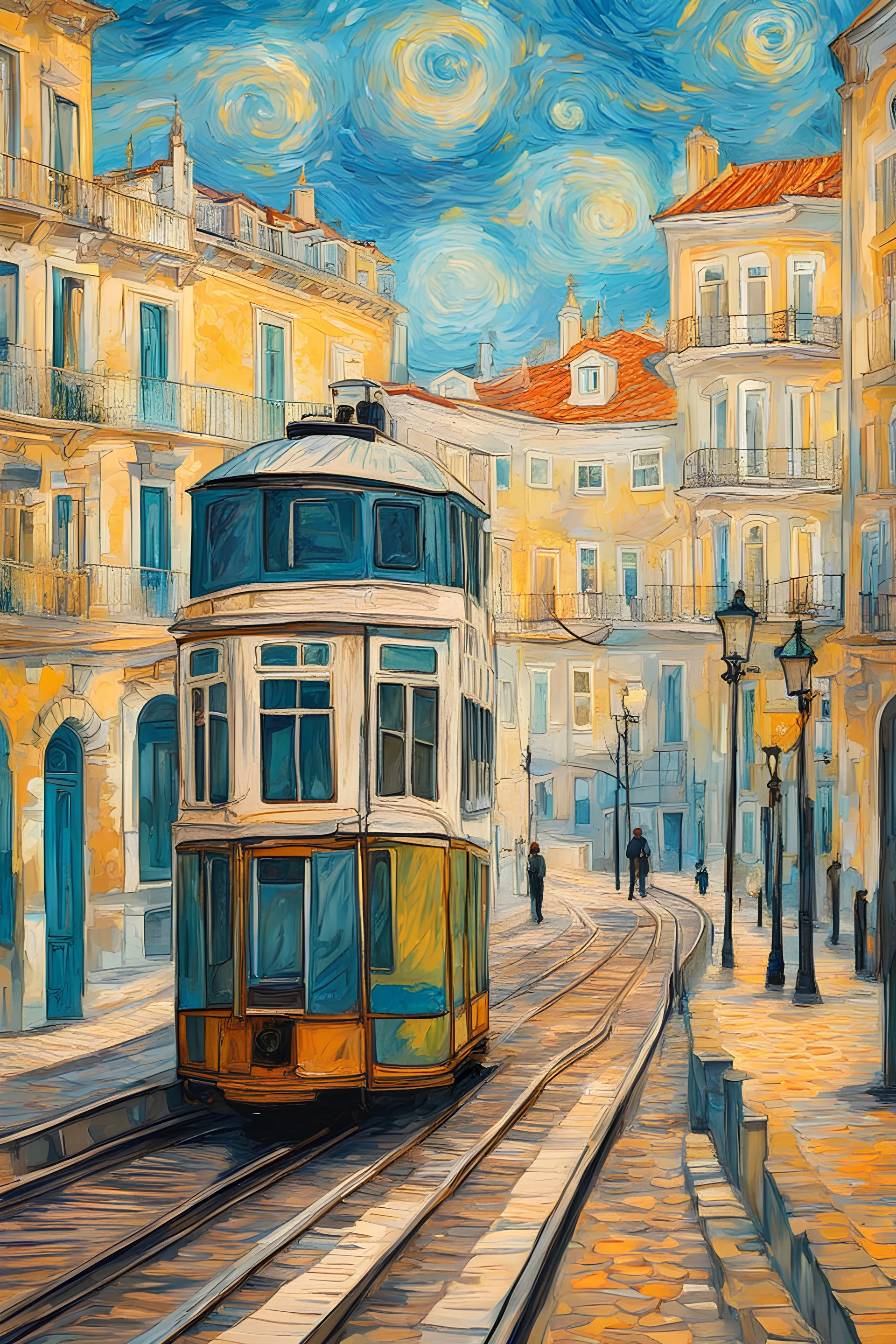 lisbon city view with famous tram, van gogh style