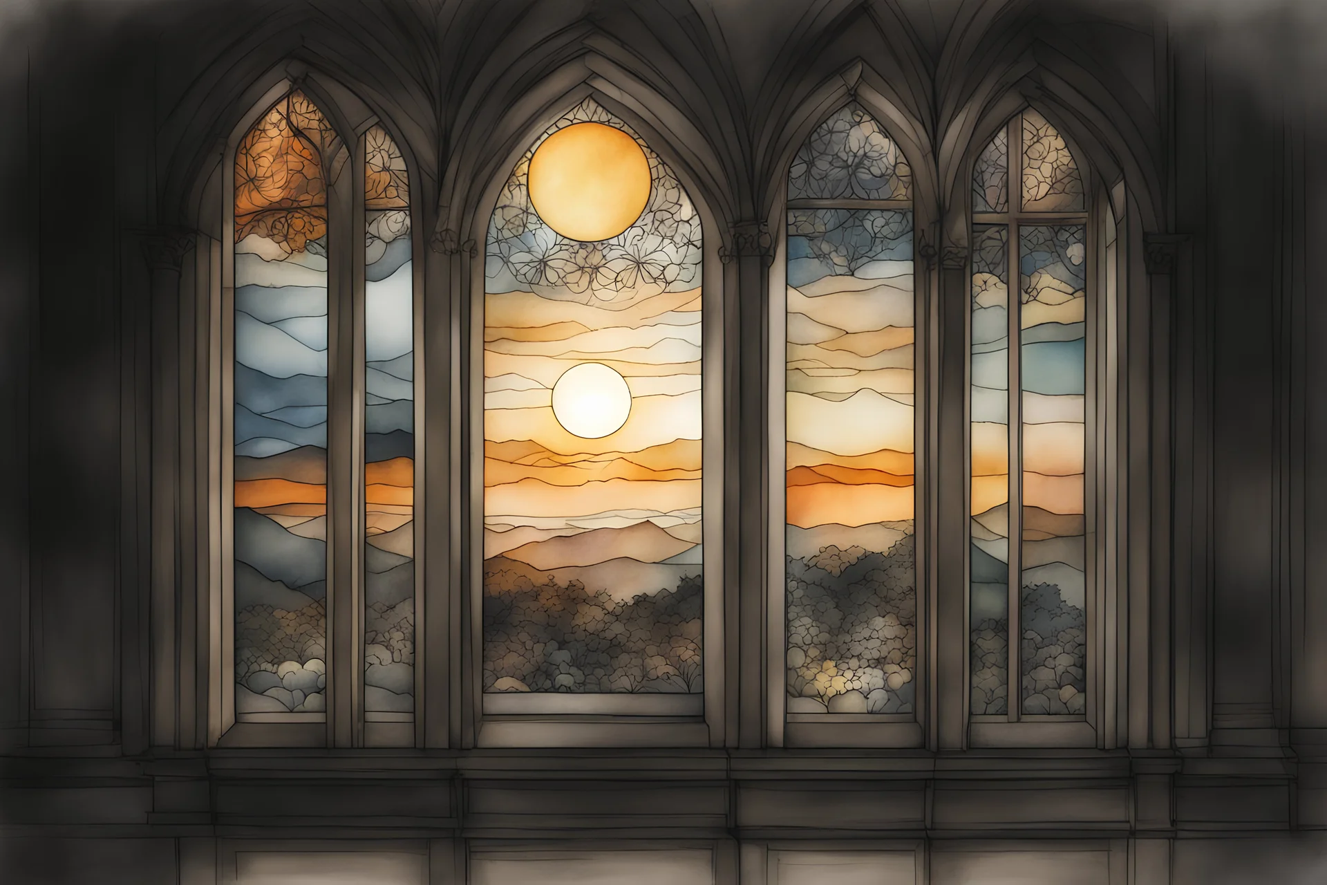 Beautiful Bright sun rise, In elaborately decorated stain glass window, a warm glow, created in inkwash and watercolor, art style of Olivier Coipel, HACCAN, illustrator 由良 Yura, 山田章博 Yamada Akihiro, 四々九 Yoshiku, GANMO＃