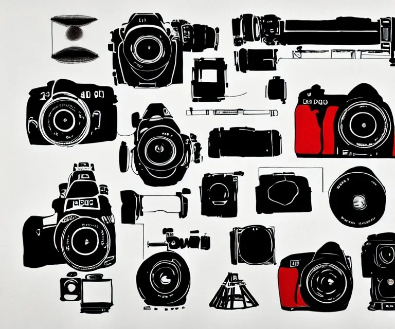 components of the camera laid out flat. poster design. high detailed. oil on canvas. DSLR