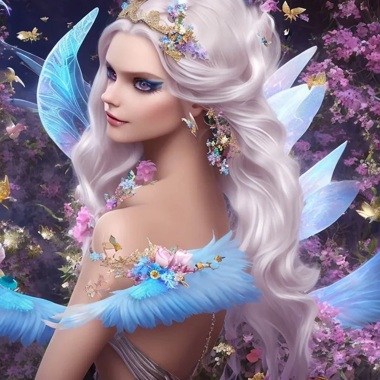 Fantasy cute fairy with wings, smiling, make up, long blond platinum hair, blue eyes, crown, beautiful dress, flowers in background, HQ