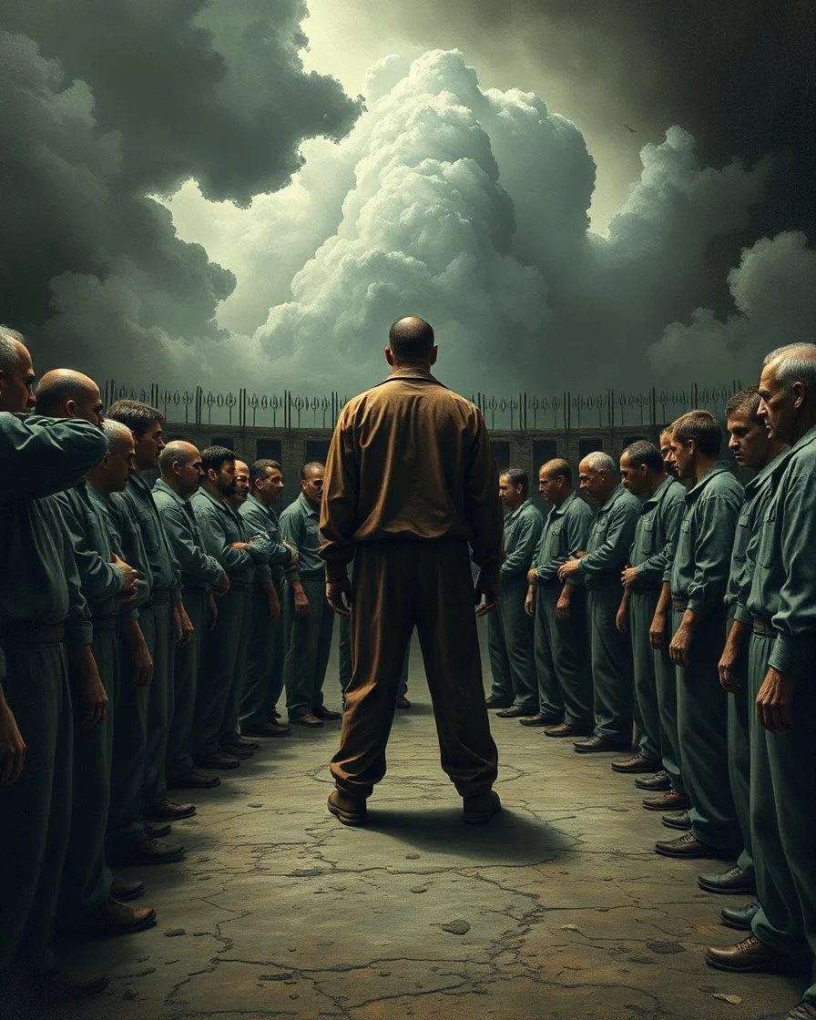 Bosch painting style, nightmare , prisoners lined up in circle , one after another , great quality picture with cinematic scenes , heavy clouds in the background