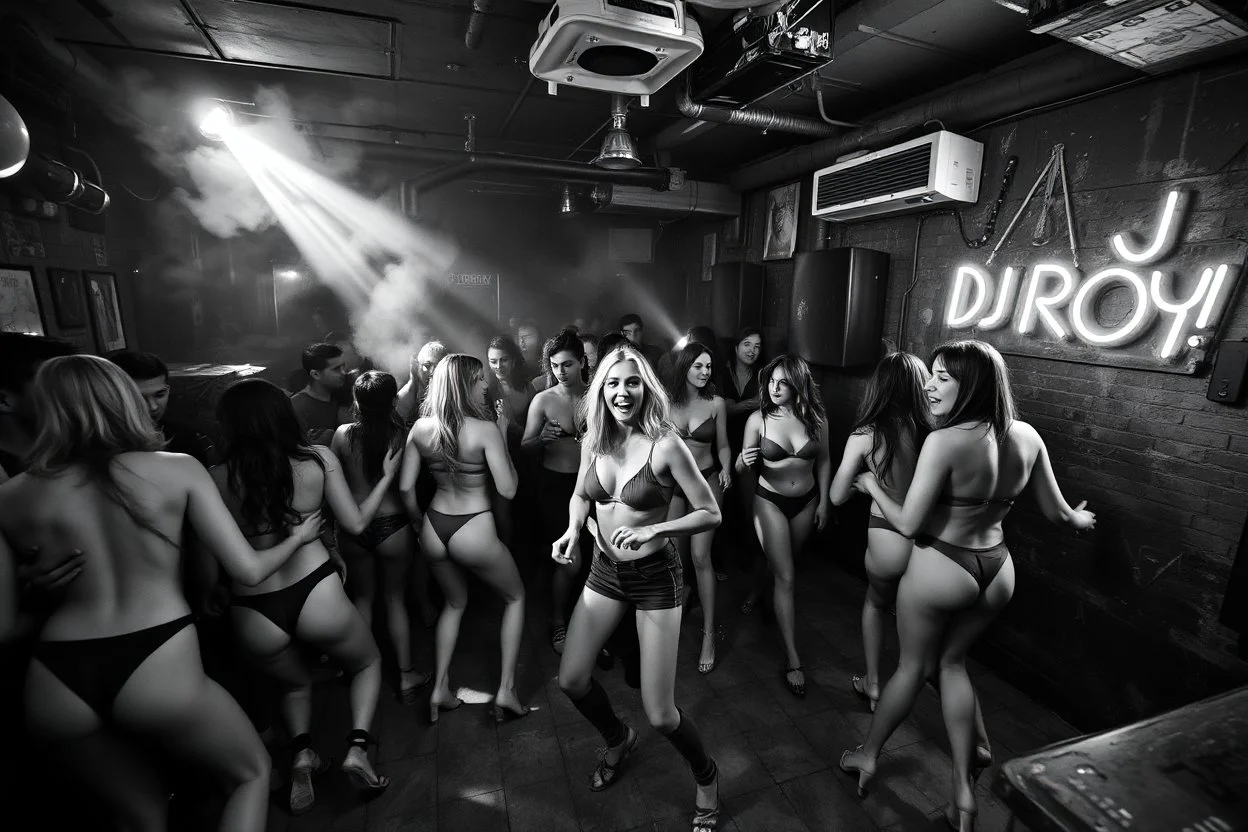 dans golv på en nedsliten sunkig techno club, många personer som dansar, yppiga lättklädda kvinnor, scen rök och ljus strobes, svartvit bild, en del personer ser in i kameran och skriker: "Benny!" och en Neon Skylt med texten "DJ ROY" på väggen
