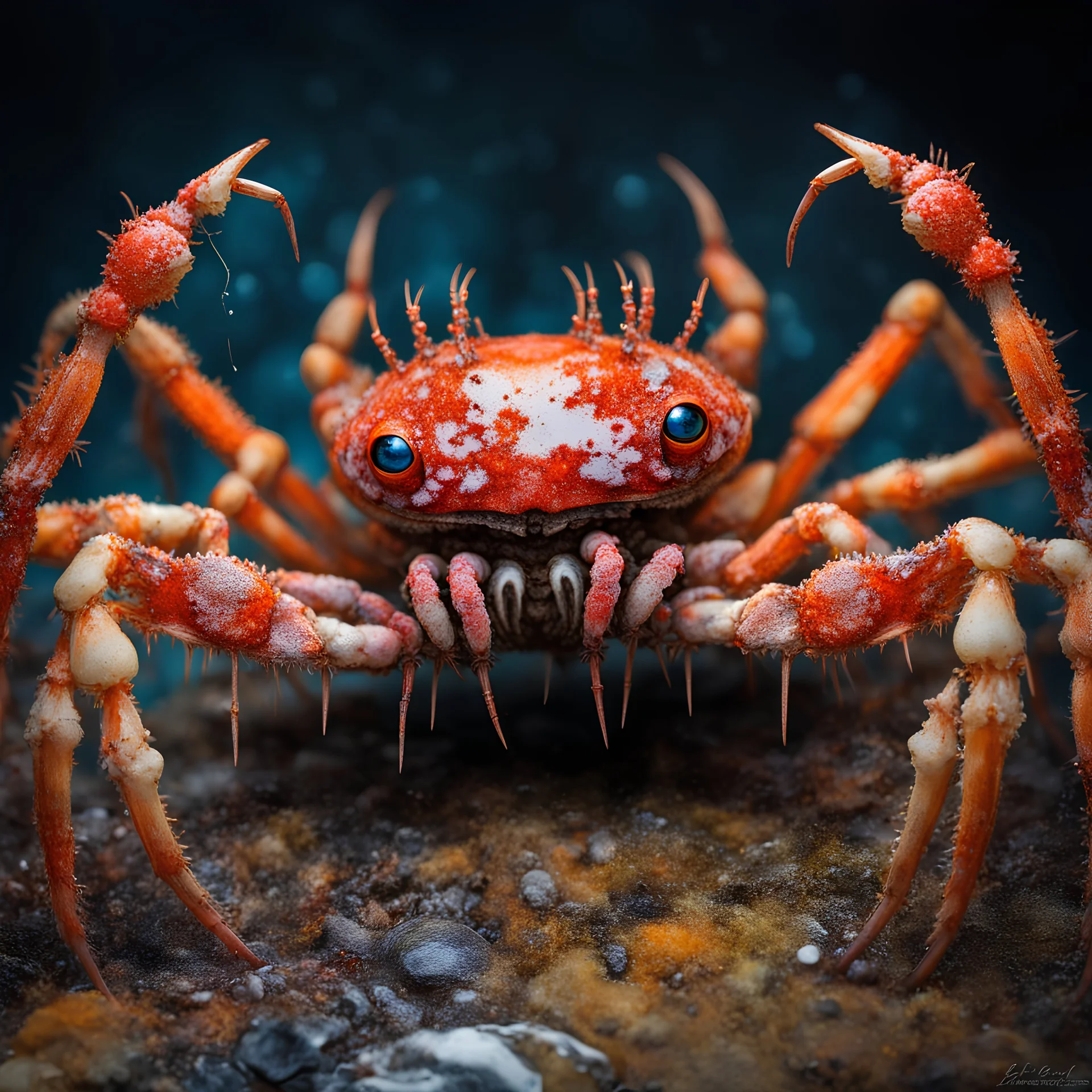 Studio quality photo, spider crab hybrid, intimidating, scary, photorealistic, fantasy, dystopian, vibrant bright colors, hyper realistic, extremely detailed, bone, flesh, dripping, evil smile, extremely detailed bulging evil eyes, splattered,