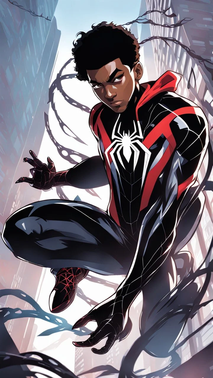 miles morales mix with venom symbiote in solo leveling shadow artstyle, Street boy them, intricate details, highly detailed, high details