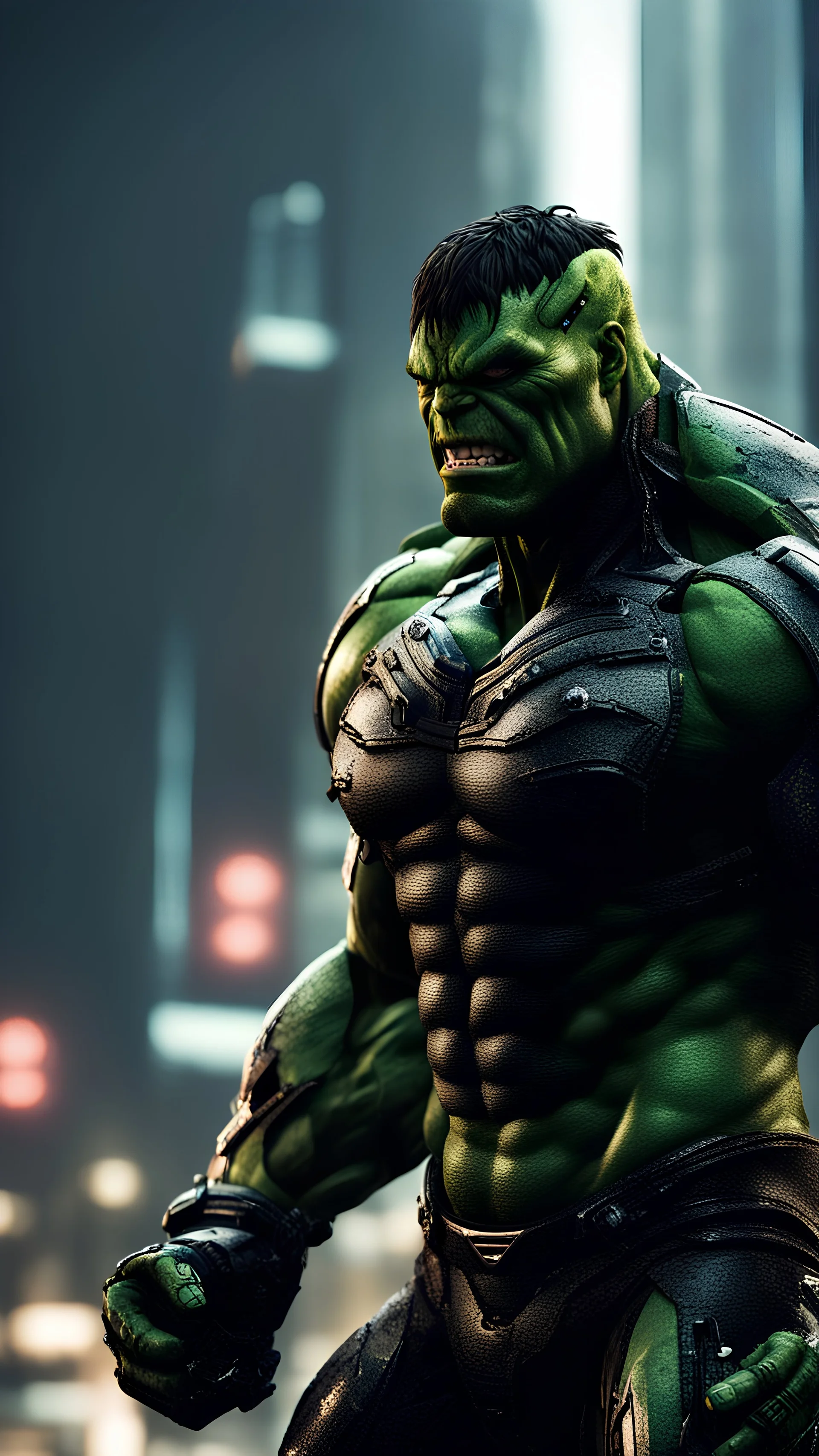 Hulk wearing venom armor, face visible, sharp face focus, ready for batt, destroyed city in the background, deep perspective. bokeh, rim lights, light leaks, neon ambiance, abstract black oil, gear mecha, detailed acrylic, grunge, intricate complexity, rendered in unreal engine, photorealistic
