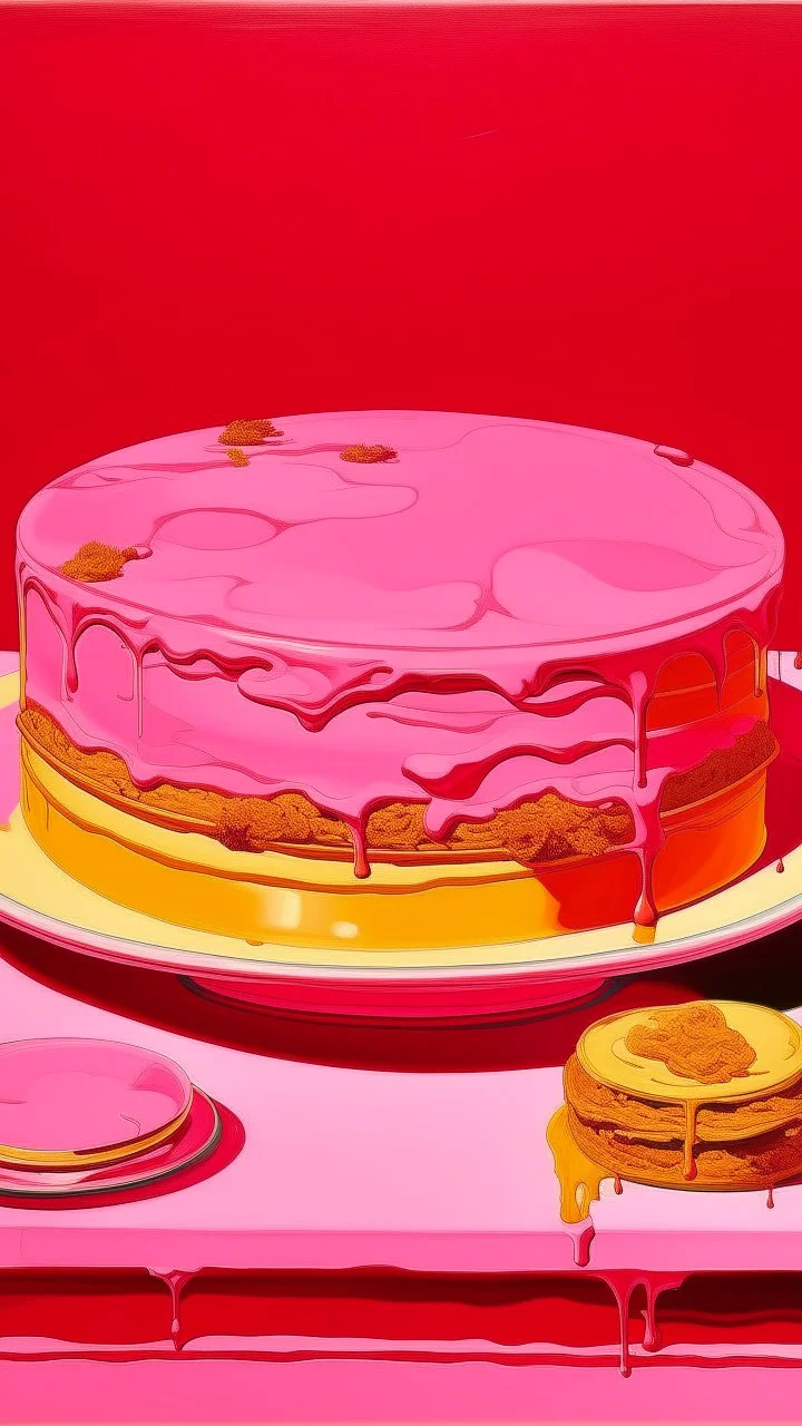 A pink sweet plain made out of cake and cookies painted by Andy Warhol