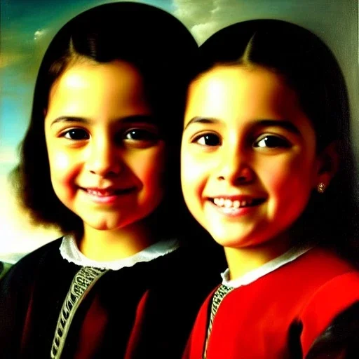 portrait of sisters Eira Santiago Arnau 10 year old and Dalia Santiago Arnau 6 year old by Velazquez,smiling, oil on canvas, cinematic composition, extreme detail,8k,fit full head inside picture,