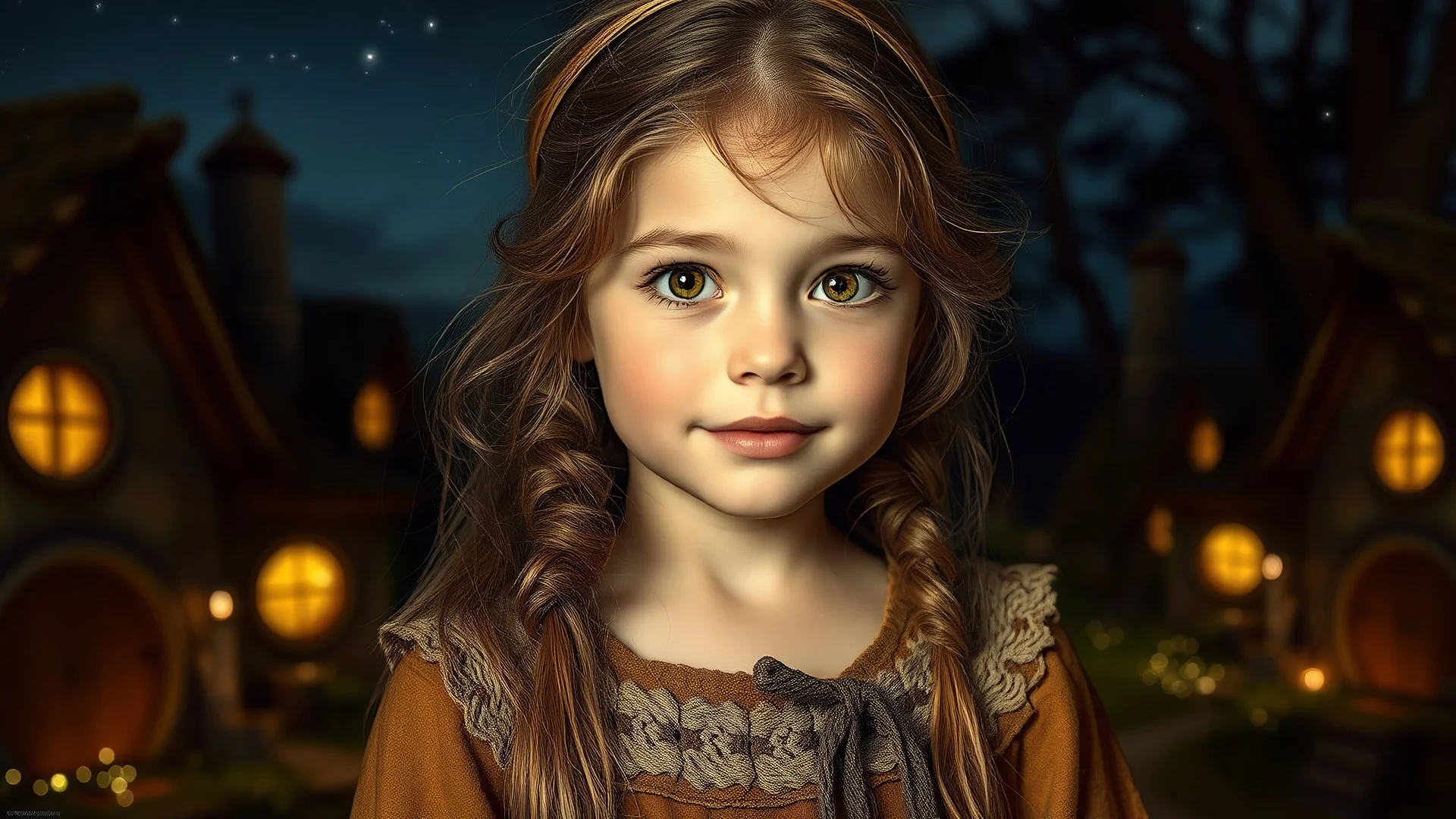 little young hobbit girl, beautiful, confident, calm, wise, happy, innocent, facing camera, head and shoulders, hobbit clothing, perfect eyes, Tolkien landcape, hobbit homes with circular windows and doors, night scene, stars, fireflies, 16k artistic photography, exquisite composition, photorealistic concept art, soft natural volumetric light, chiaroscuro, award-winning photograph, masterpiece, style William-Adolphe Bouguereau