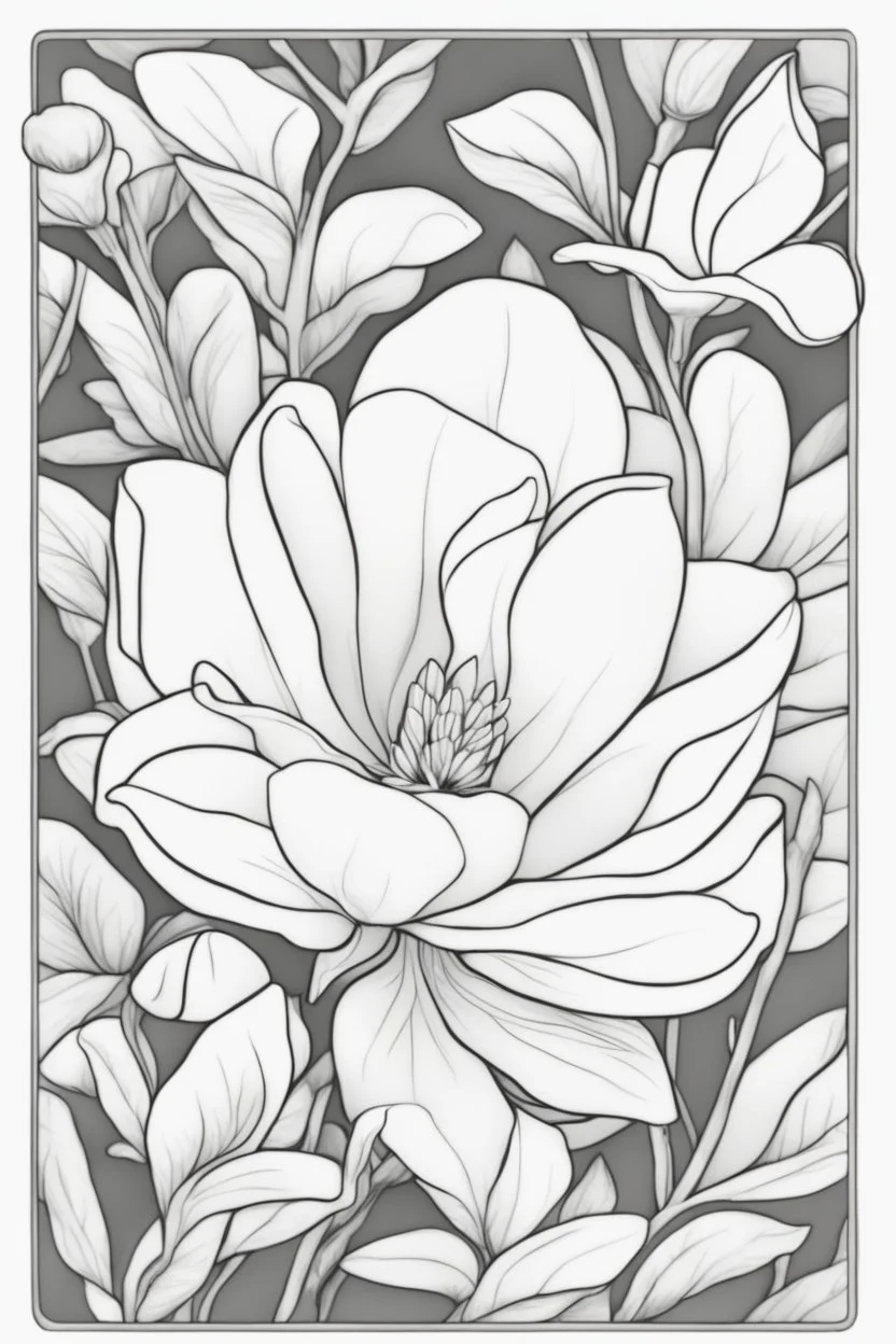 flowers coloring page for kids, magnolia, cartoon style, thick outline, low details, no shading, no color