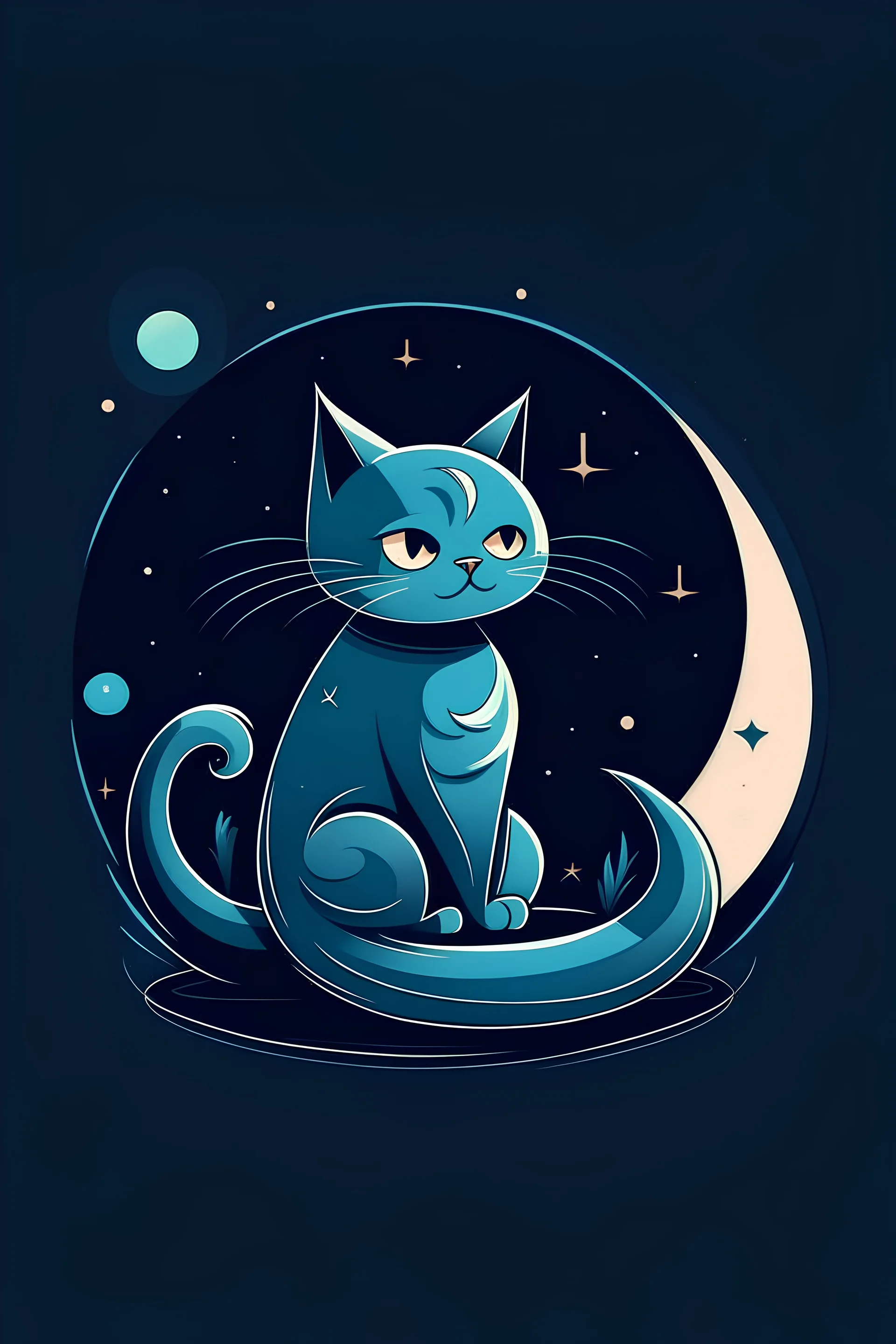 "Design a whimsical AI painting logo featuring a mischievous cat on a moonlit night. The cat, in a playful pose, should be portrayed in a humorous style, with exaggerated features or comical expressions. Capture the essence of feline fun under the gentle glow of the moon."
