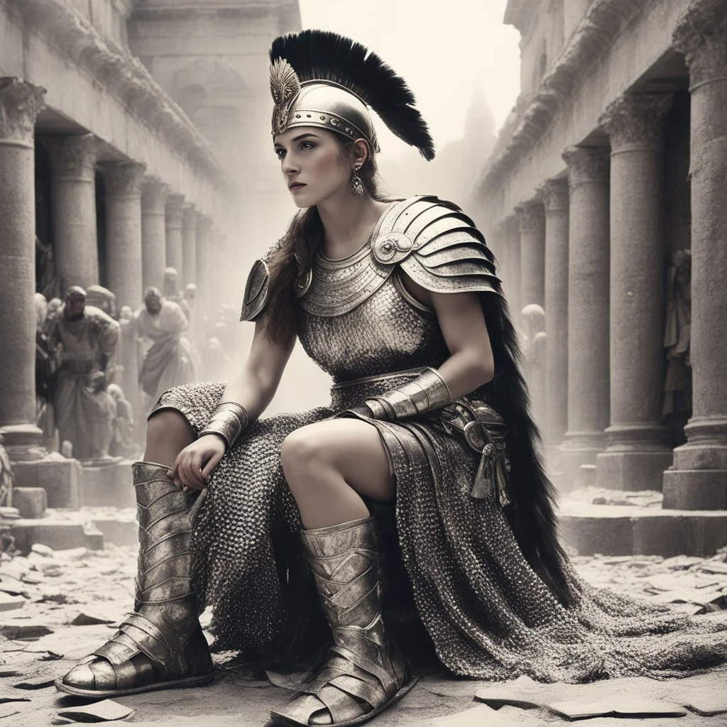 [vintage style noisy scratches glitches, Shot the texture and then rewound the film and double exposed the face] [old faded image of a woman Roman legionary crouching in sandal tall amidst the chaos of the Roman celebration. Clad in gleaming chainmail, a majestic plume in hairs, she exudes an aura of strength and determination that sets her apartaround herstraw-covered ground, demonic, satanic,] Retrofuturism: Where Yesterday’s Tomorrow Still Shines