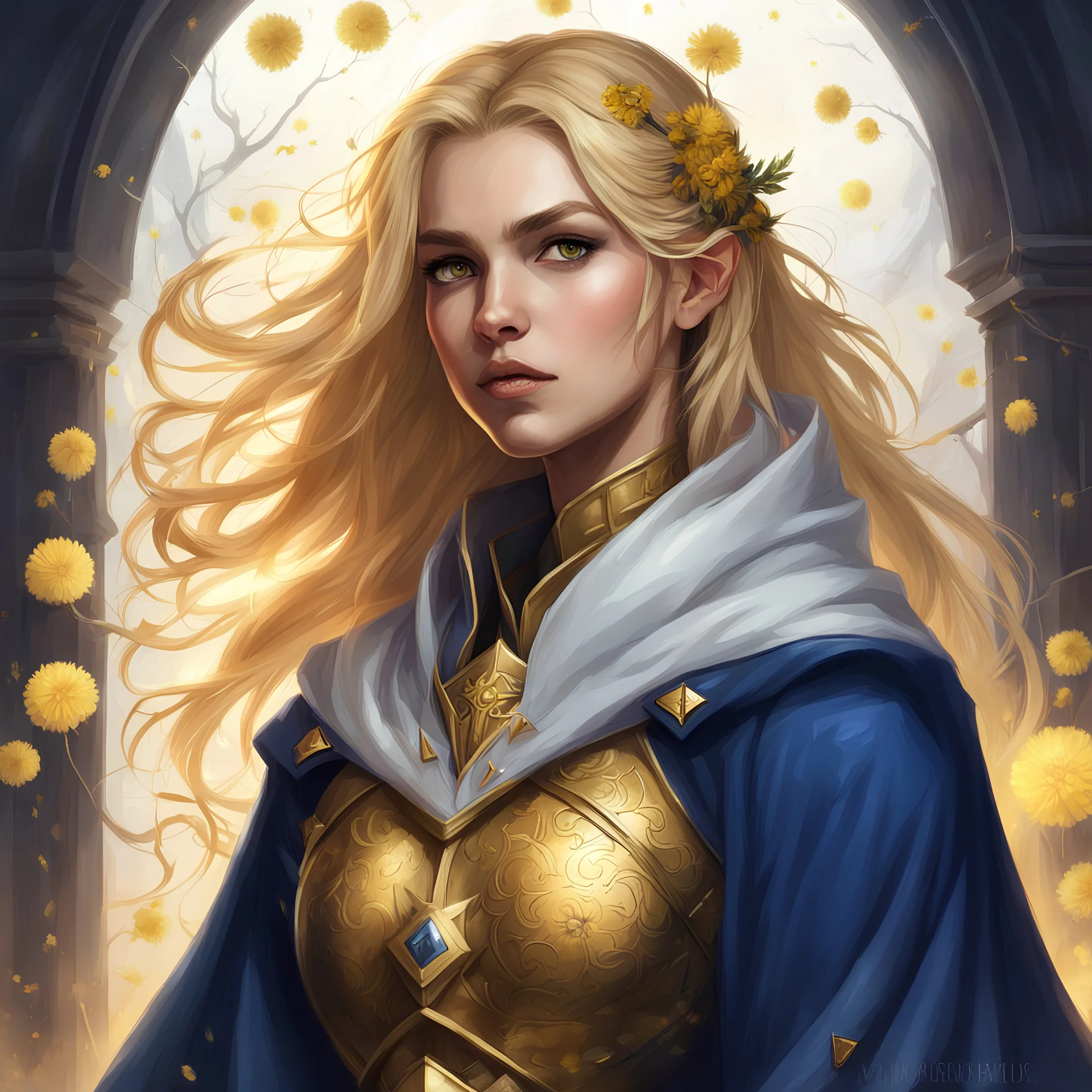 dungeons & dragons; digital art; portrait; female; cleric; gold eyes; golden hair; young woman; robes; long veil; soft clothes; dark blue and gold robes; robes with armor; cleric of bahamut; dandelions; teenager; traveling;
