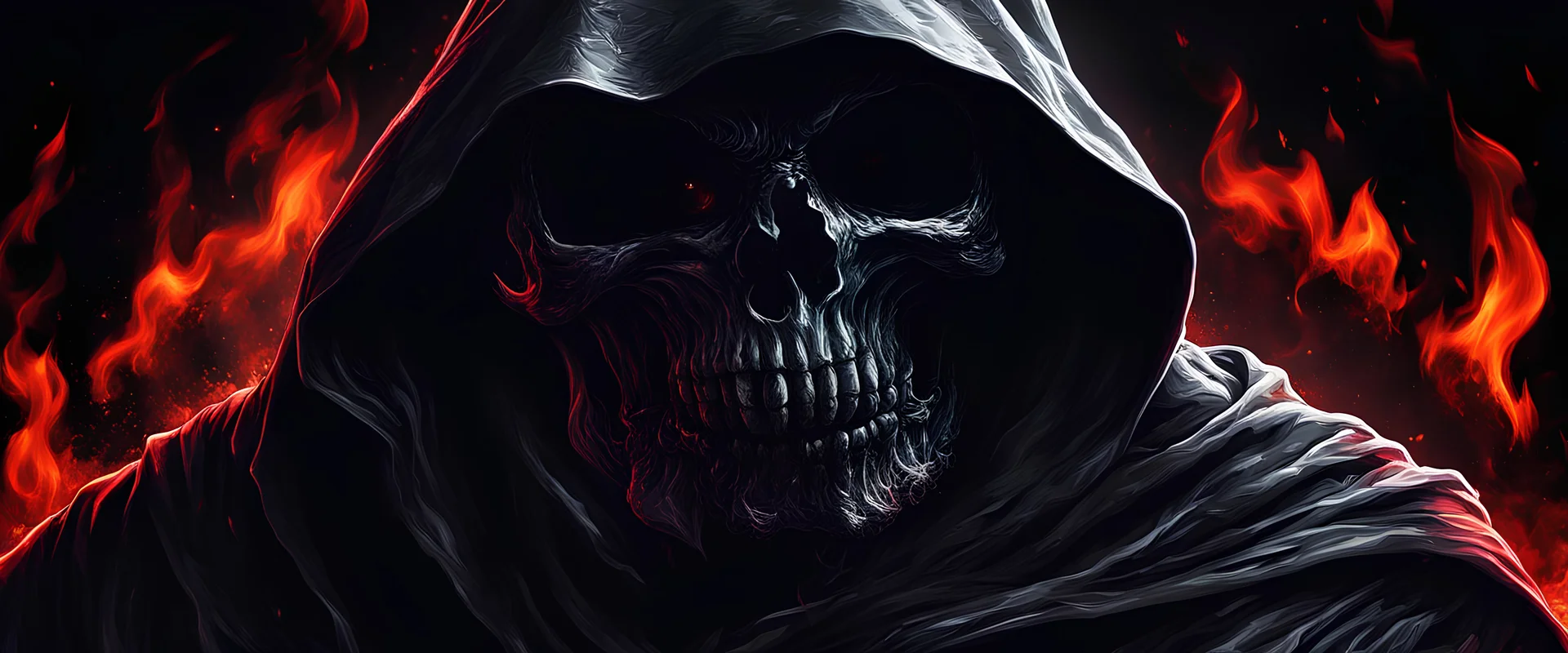 ultra high image quality, hell infused Grim Reaper Close-up of an set against AMOLED-worthy pure black backdrop, fantasy art style infused with filter, tailored for vertical wallpaper, exclusive design with no duplicates, radiating beauty suitable for a PC screen image, vivid colors, ultra fine, digital painting.