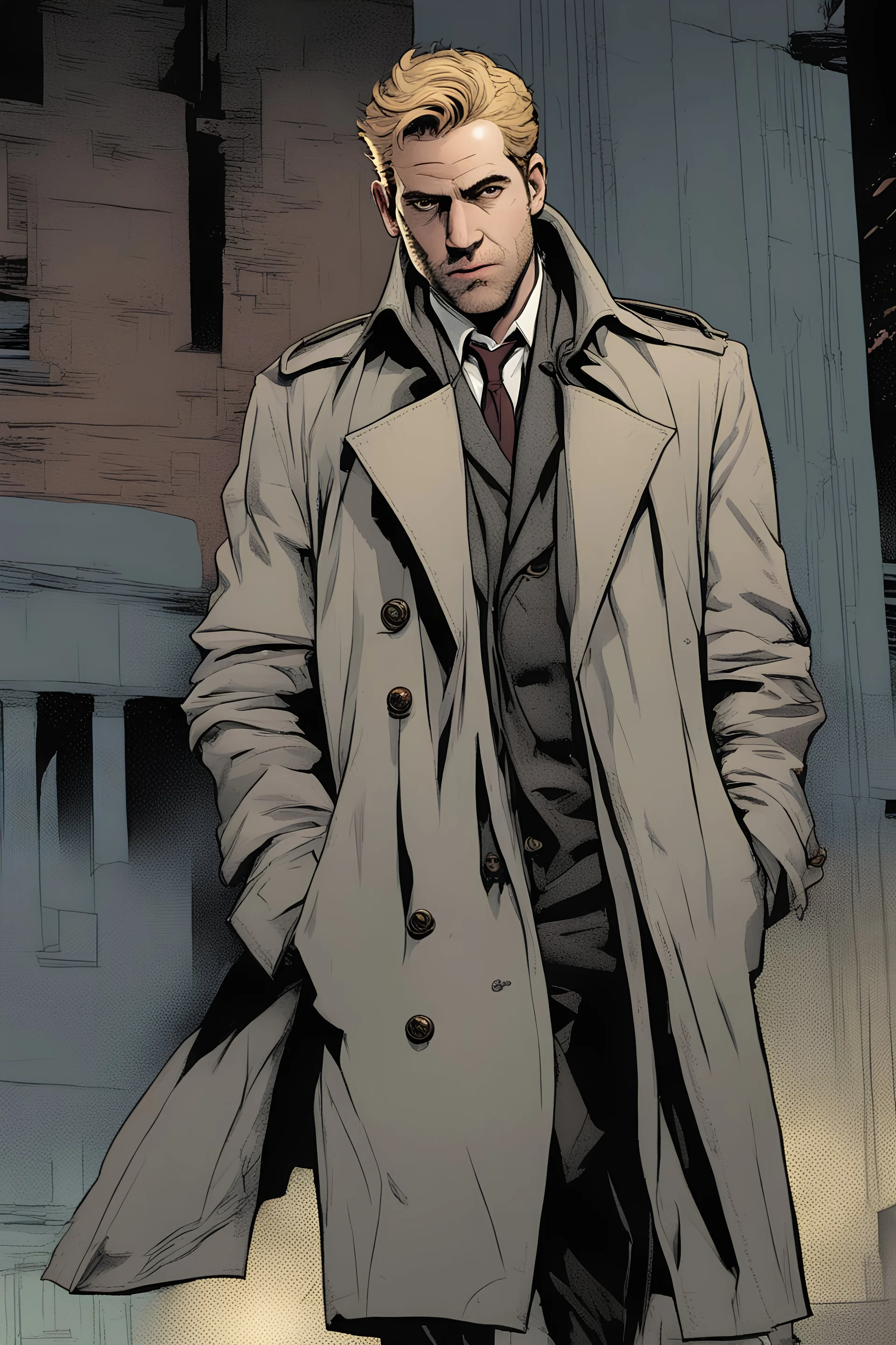 an illustration of john constantine wearing a gray trench coat