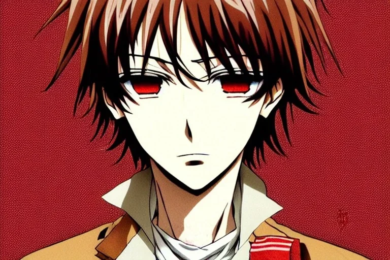 Detailed pretty anime boy, brown hair with blonde strips, keep head in frame, headshot, glaring, brown eyes, covered in bandages, looking serious, illustration, digital painting, only one character, color scheme red, wearing many bandages, Osamu Dazai inspired, anime inspired, manga, dazai, red hair, Chuuya, pretty, scruffy, angry, brooding, manga inspired, small nose, long lower eyelashes, handsome, one character, headshot, glaring, cute, wearing a bandage on neck, small nose, scruffy hair