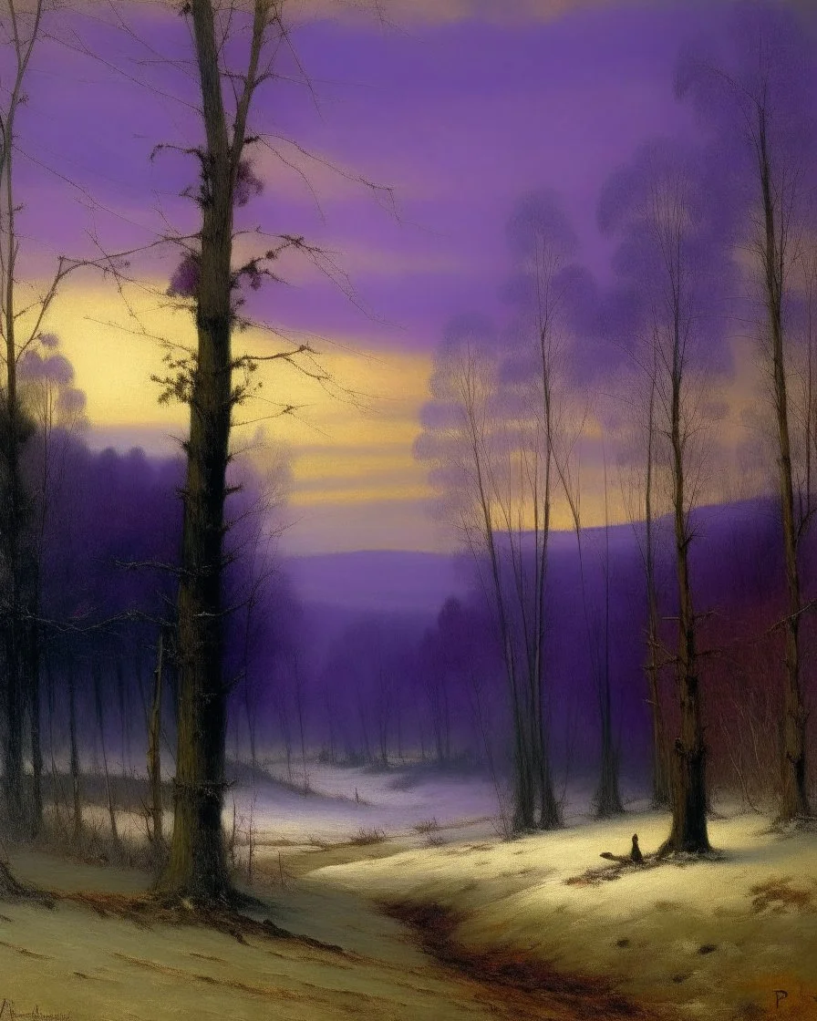 A purple winter forest painted by George Inness