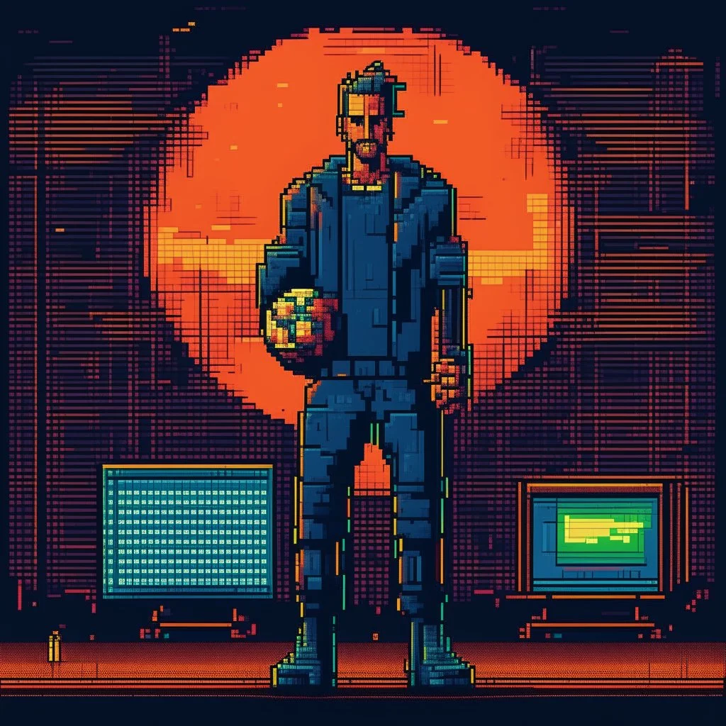 A pixel art cyberpunk version of the best football predictor master pundit master