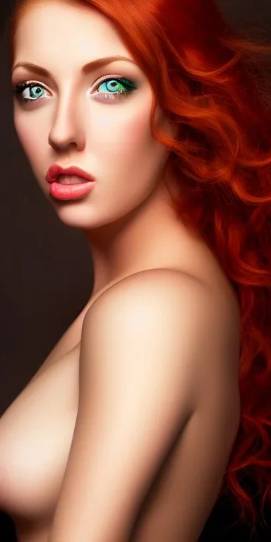 Studio portrait photo of a sexy and seductive woman age of 27, green eyes, red hair,very detailed face, studio lighting, fantasy, golden ratio, sharp focus color, corrected hyper detailed pino daeni