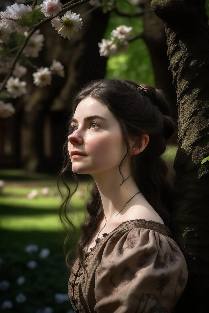 Beautiful Girl in the garden, 18 century, brunette, literally dark hair, dark eyes, fat, smell of sakura, rest, detailed face, england, she is staying under the tree, 30 years old