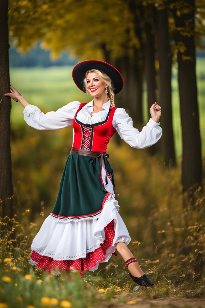 fullbody oktoberfest lady, outdoor folk dancer in countryside