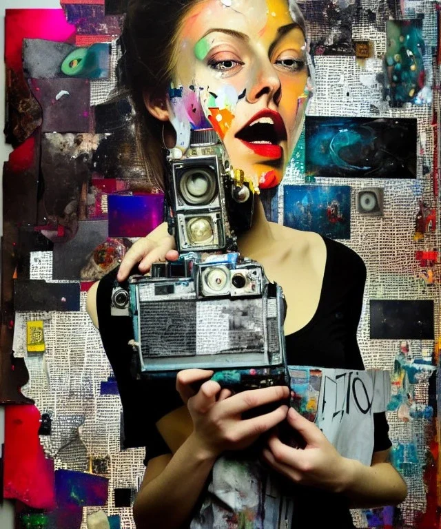 happy beautiful girl holding big proffesional camera in studio. street art, oil on canvas, spray paint, collage, letters, newspapeers, Dave McKean, Vladimir Fedotko, Saturno Butto, Vaughn Bodé, Frank Wu, James C. Christensen, collage, dirty, paint dripping, radiant