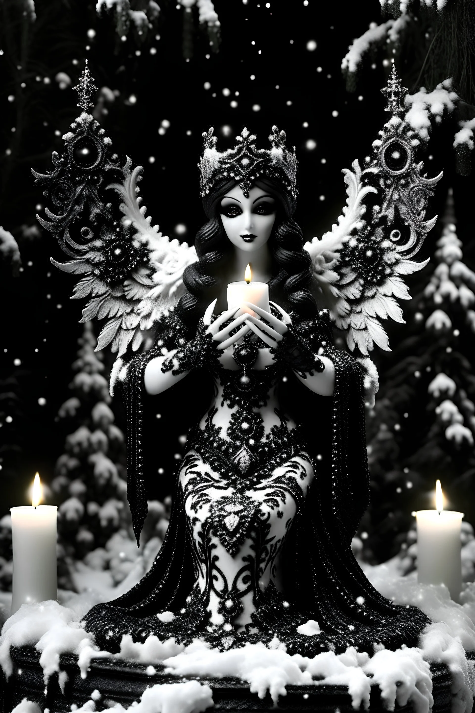 Beautiful decadent goth punk style black and white angel holding aa gothic heart with angel wings shape candle in her hand and white candlelights sitting in the snow, candle ribbed with red and black gothic decadent style glitter and heart ornamated candle with snow covered christmas pine tree background, adorned with metallic golden filigree embossed goth punk floral ornated, ornaments are metallic filigree decadent goth style Golden floral ribbed with heat shape red zafír and black obsidian or