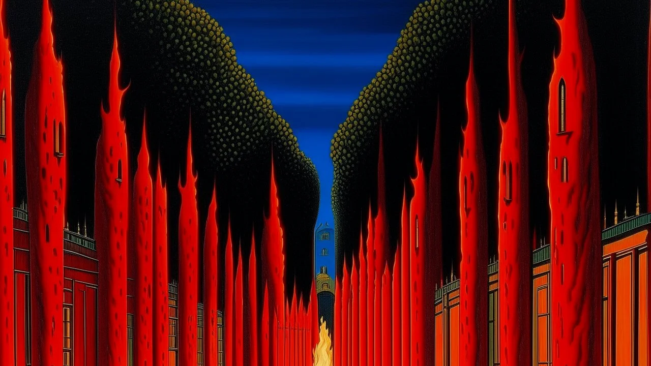 A red district with fiery torches designed in African pottery painted by Rene Magritte