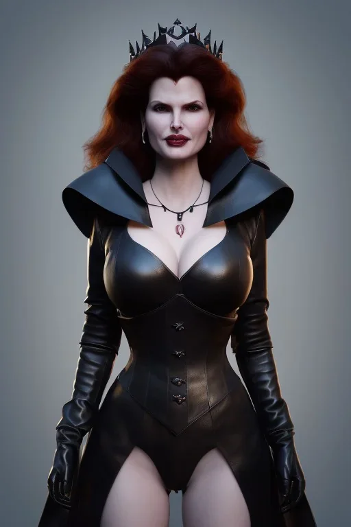 Geena Davis as evil queen in black leather, leather, busty, cleavage, angry, rage, stern look. character design by cory loftis, fenghua zhong, ryohei hase, ismail inceoglu and ruan jia. unreal engine 5, artistic lighting, highly detailed, photorealistic, fantasy