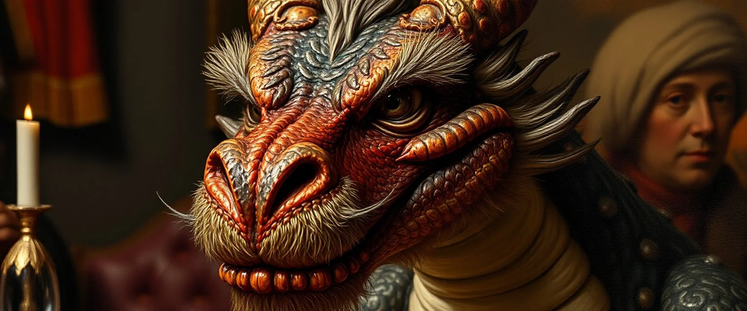 close up portrait painted by Rembrandt, smiling stupid looking furry dragon at banquet