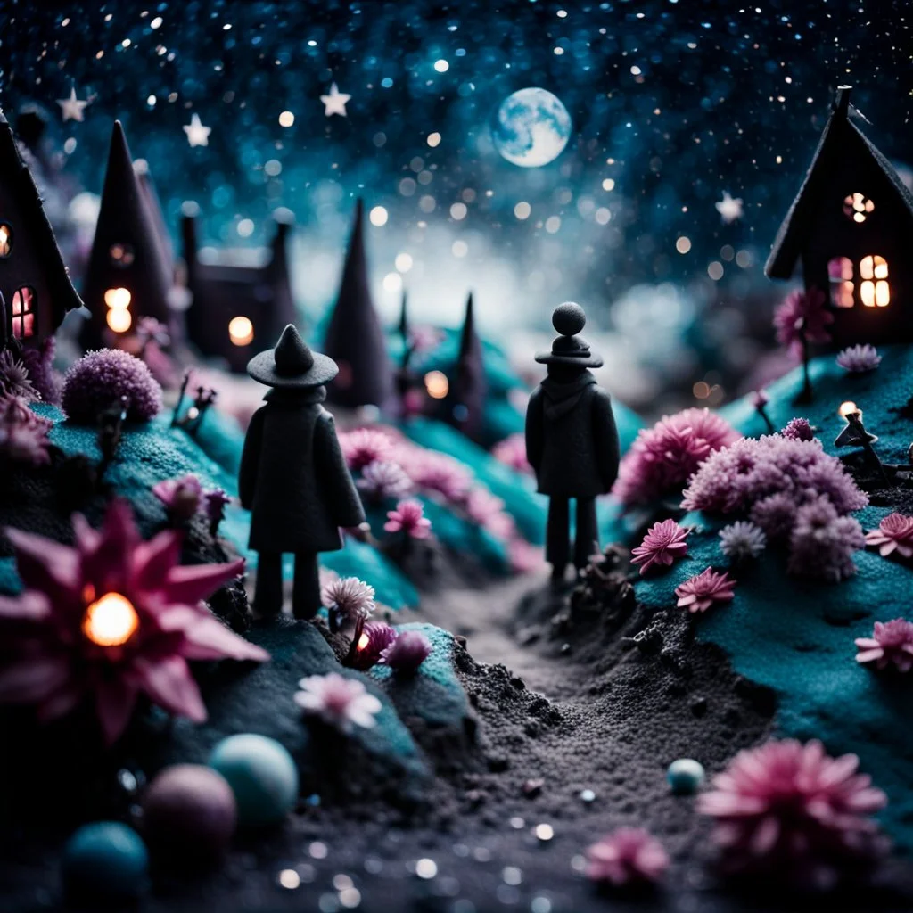 Detailed people, street made of modeling clay and felt, village, stars, galaxy and fog, planets, moon, volumetric light flowers, naïve, strong texture, extreme detail, Yves Tanguy, decal, rich moody colors, sparkles, Harry Potter, bokeh, odd, shot on Ilford