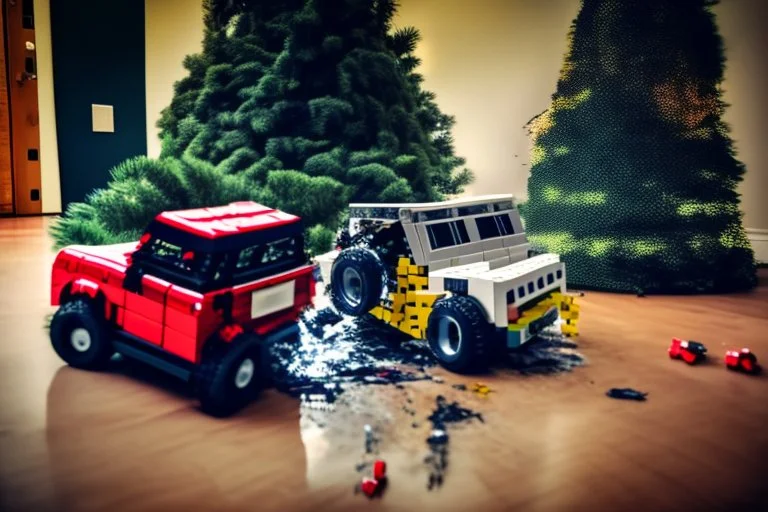 A crying toddler takes a burning car out of a LEGO box marked Land Rover next to the Christmas tree.