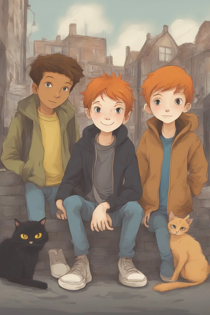 Act like a book cover designer. Use graffiti style. Three teenagers (13-15 years old) - two boys brothers with ginger hair and frickles with a brown-haired girl and with a grimy black cat. Environment: old town.