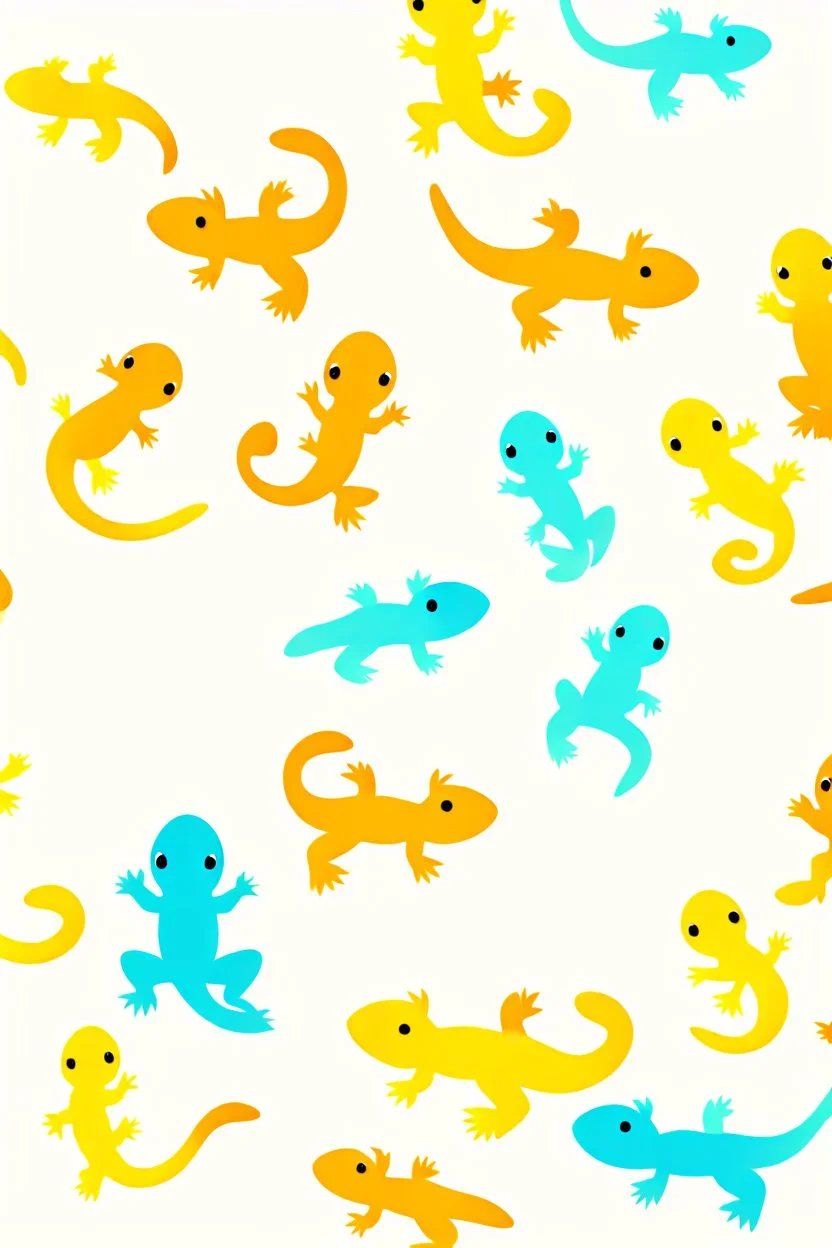 Lots of little tiny cute cartoon newts on a golden background