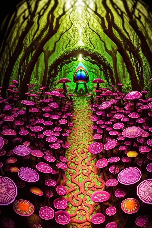 Illustration, Psychedelic art, human eye in a forest full of colourful mushrooms, vivid colours, intricate details, maze, gears, in the style of H.R.Giger, DMT, ultra detailed, photorealistic, top light, 35mm lens, fish-eye