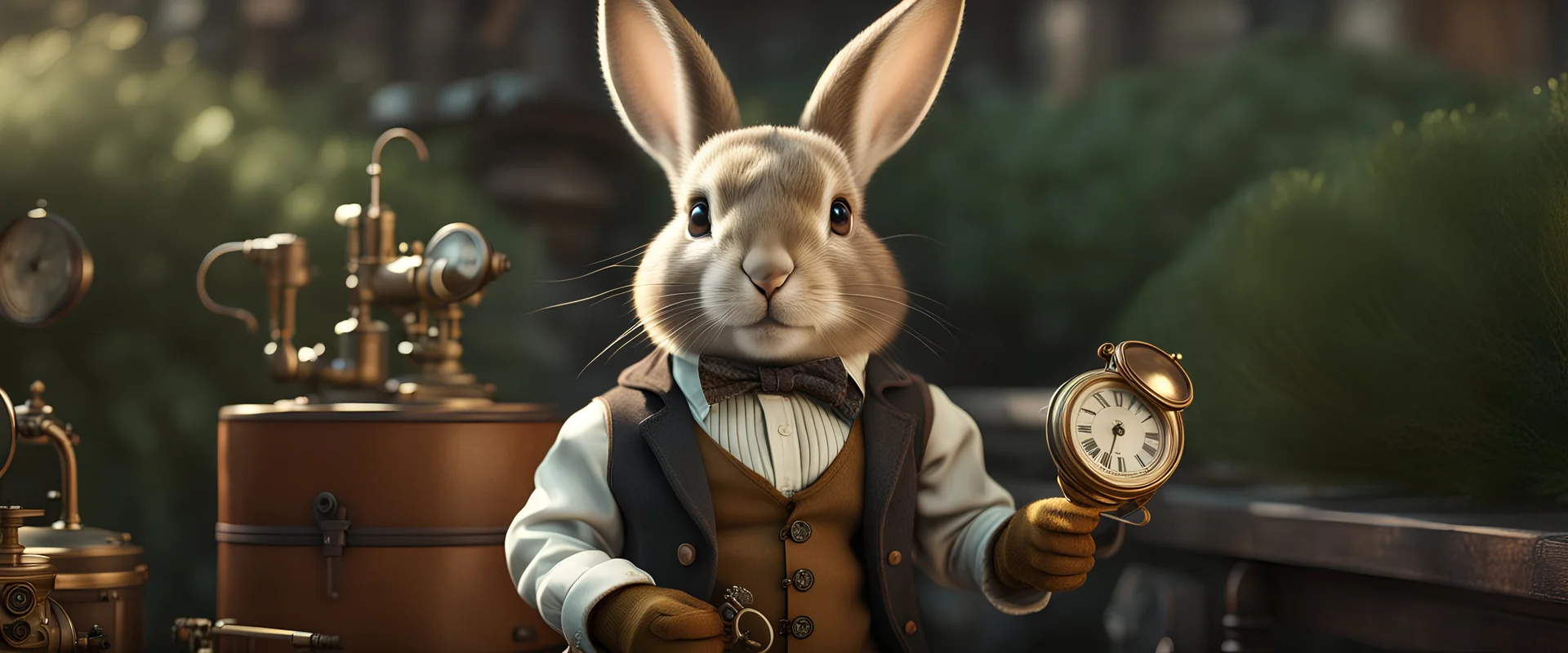 High-end state-of-the-art STEAMPUNK aesthetics flawless smiling cute Honey rabbit holding a teseract, supreme cinematic-quality photography, sage green blue and honey brown pure wool clothes, Art Nouveau-visuals,Vintage style with Octane Render 3D technology,hyperrealism photography, (UHD) with high-quality cinematic character render,Insanely detailed close-ups capturing beautiful complexity,Hyperdetailed,Intricate,8K,Hyperrealism craftwork