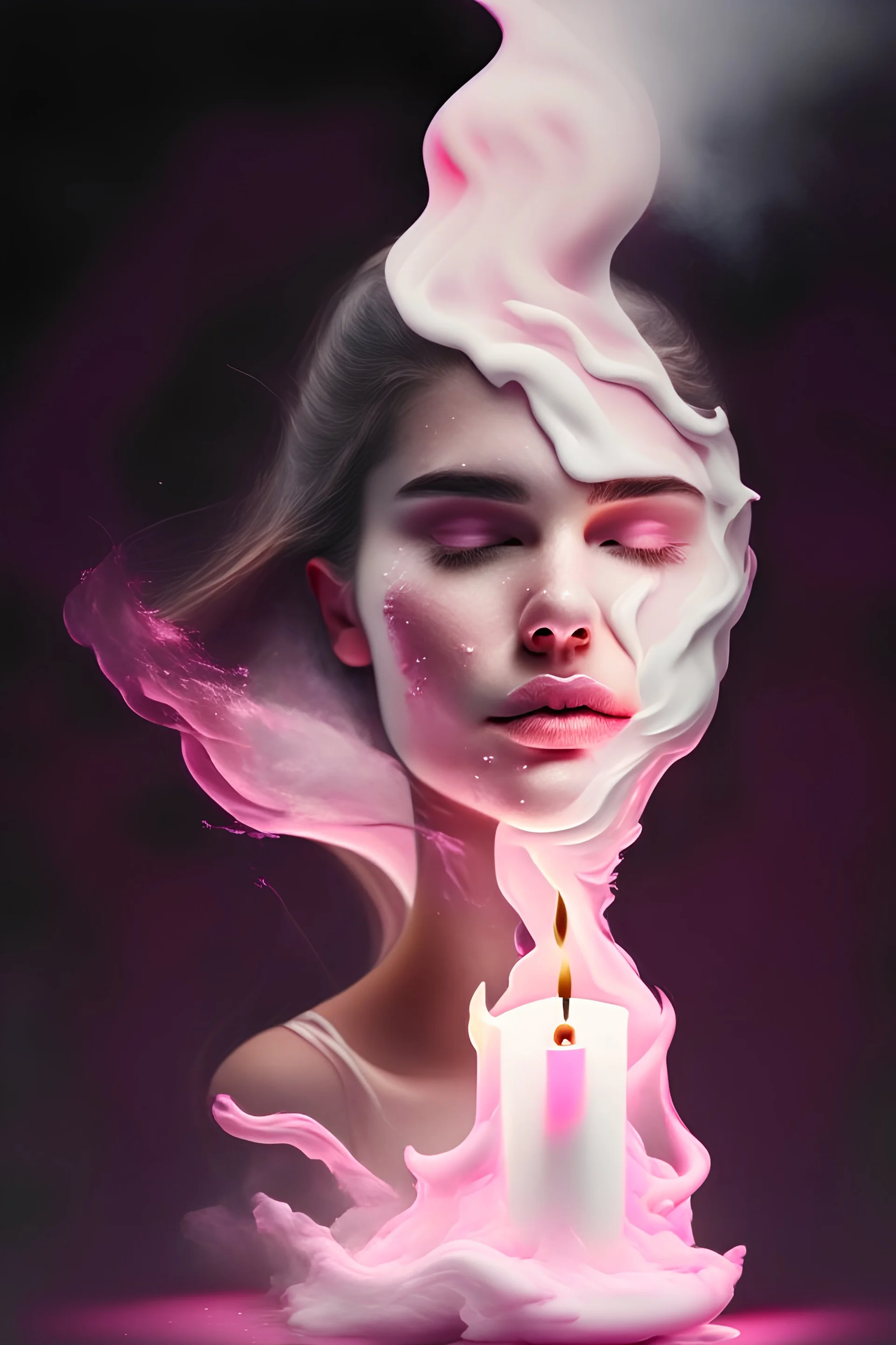 "An 8K professional logo featuring a melting white candle with smoke pink emanating from it in the shape of a beautiful girl."