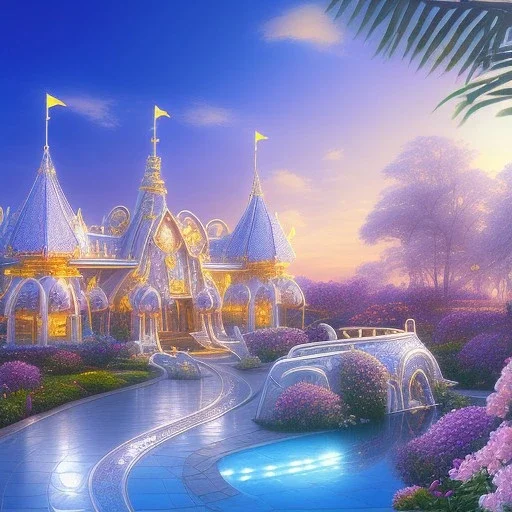 landscape of summer tropical ambient beutiful castle white gold and neon lights bright and colorful bright gloss effect of a futuristic house,like spaceship, natural round shapes concept, large transparent view of the open outdoor garden,sea beach at sunset, gold crystals,with light pink, flowers of Lotus, beutiful pools, light of sun , palmiers,cerisiers en fleurs, wisteria, sun , stars, small waterfalls