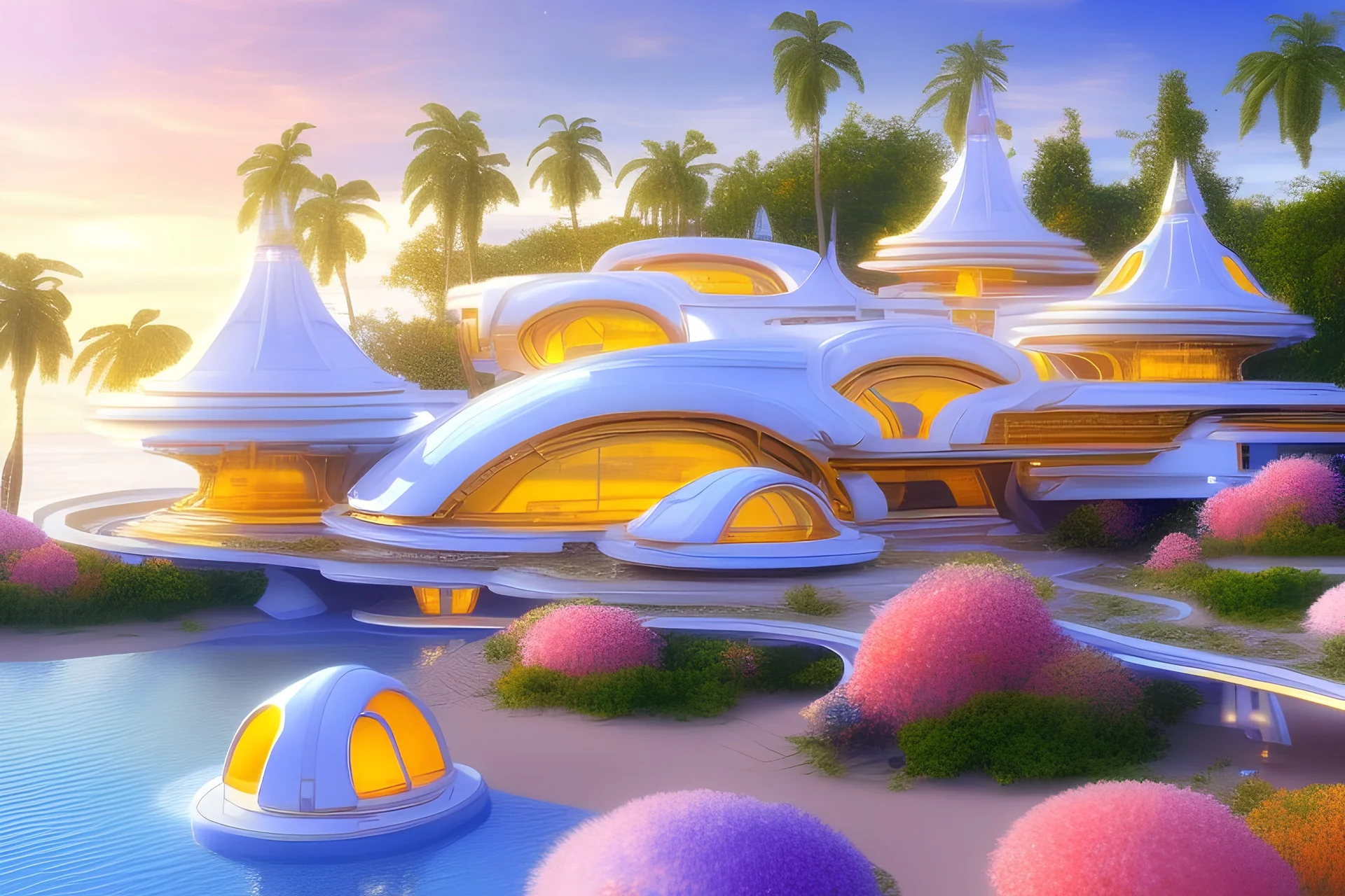 landscape of summer tropical ambient beutiful villa white gold and neon lights bright and colorful bright gloss effect of a futuristic house,like spaceship, natural round shapes concept, large transparent view of the open outdoor garden,sea beach at sunset, gold crystals,with light pink, flowers of Lotus, beutiful pools, light of sun , palmiers,cerisiers en fleurs, wisteria, sun , stars, small waterfalls