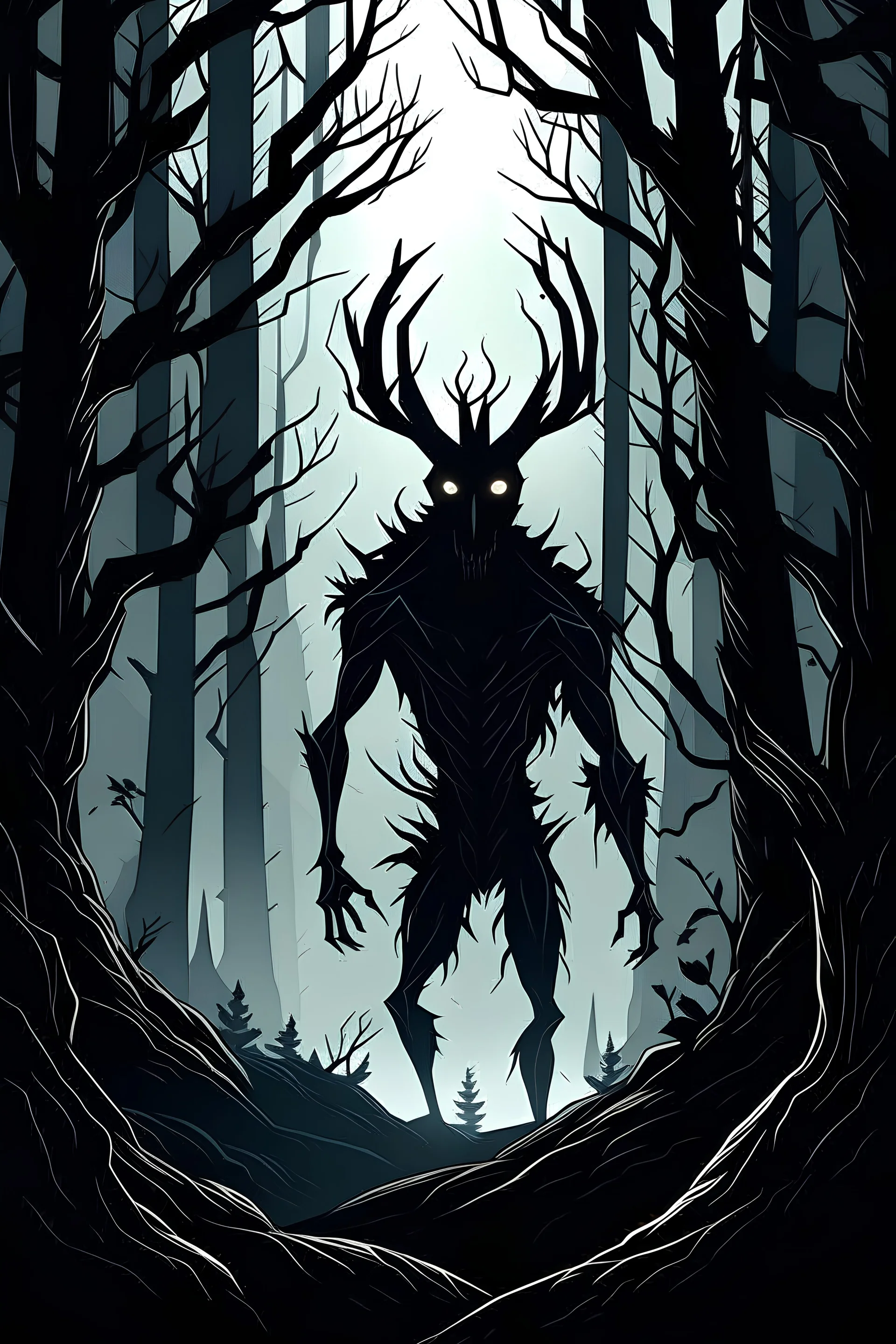 Illustrative shadow demon in dark a nordic forest. The demon is being shackled by branches from the trees