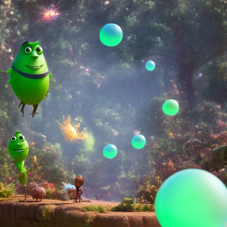 The hangman and the locust discussing the future of humanity on bubble world, art by Pixar and Dreamworks