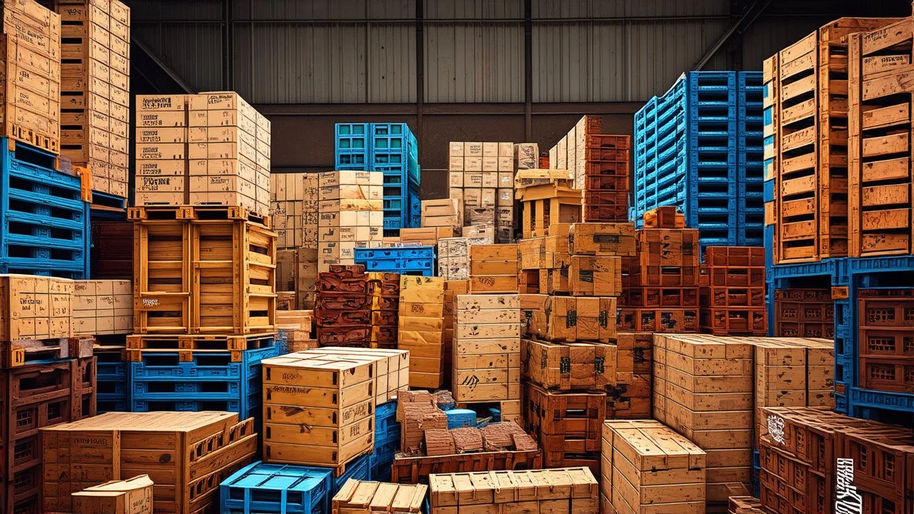 A colorful and chaotic scene depicting a cluttered storage area or warehouse filled with various stacks of wooden crates, boxes, and other items. The background appears to be a rough, textured wall or surface. The overall composition creates a sense of disorganization and clutter