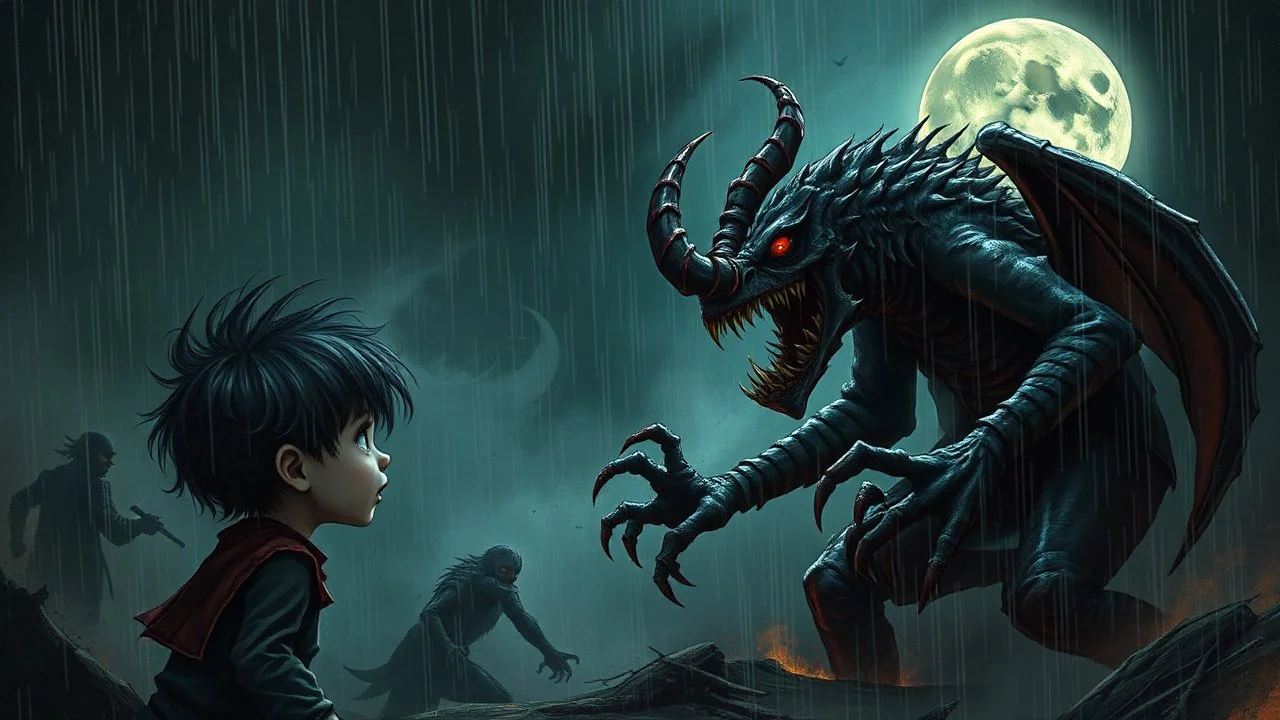 gentle, protective monsters fight with evil people, left side alone child gaze, random background random, deep dark color, , moon, mist, rain, highly detailed, weird , surreal dark fantasy mood style like T. Burton