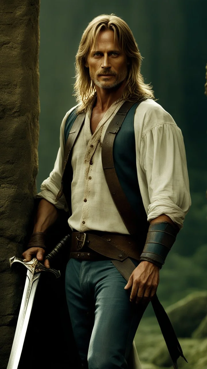 viggo mortensen as handsome warrior king, muscular, long blonde hair, male age 30, wearing jeans and a white shirt, tan skin, tattoos,photorealistic 4k dark fantasy