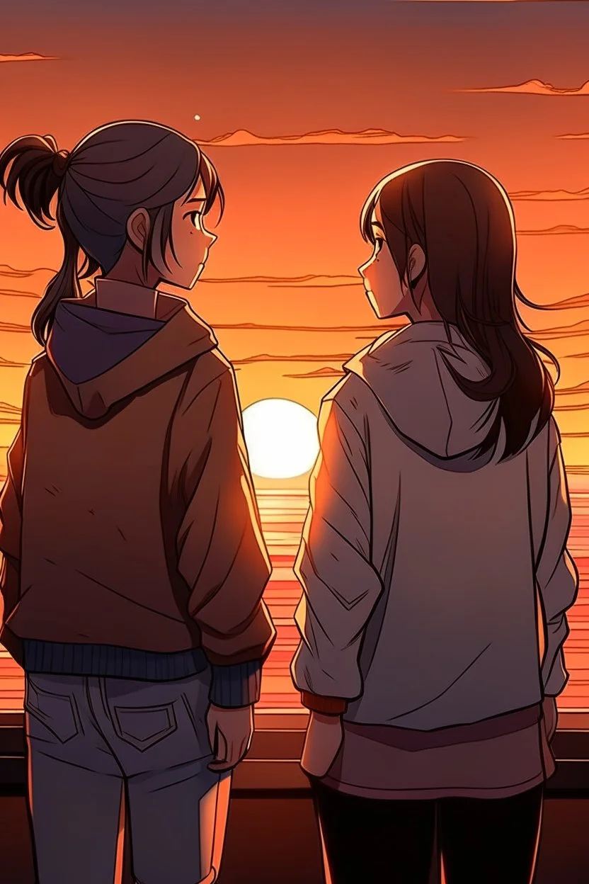 gün batımını izleyen 2 kız 2D biraz daha detaylı daha fazla detay ve 2d yüzleri hafif görünüyor yüzleri görünüyor farklı bir tarzda detaylı farklı ve detaylı kıyafetler kıyafetler düzgün olsun ve hava soğuk