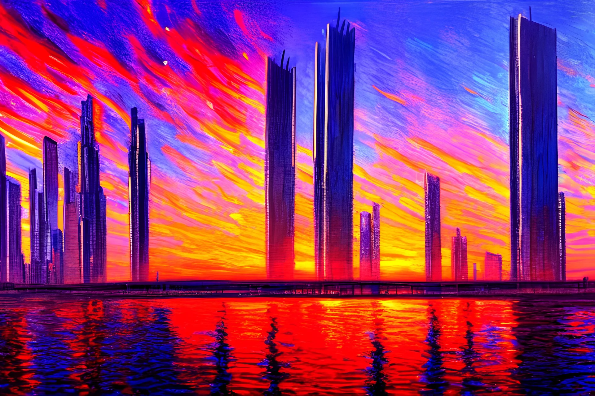 Futuristic cyberpunk buildings, sunset, impressionism influence, realistic painting